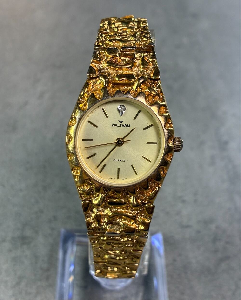Waltham Vintage Women's Gold Tone Nugget Watch 25mm Crystal Accent 7" Working